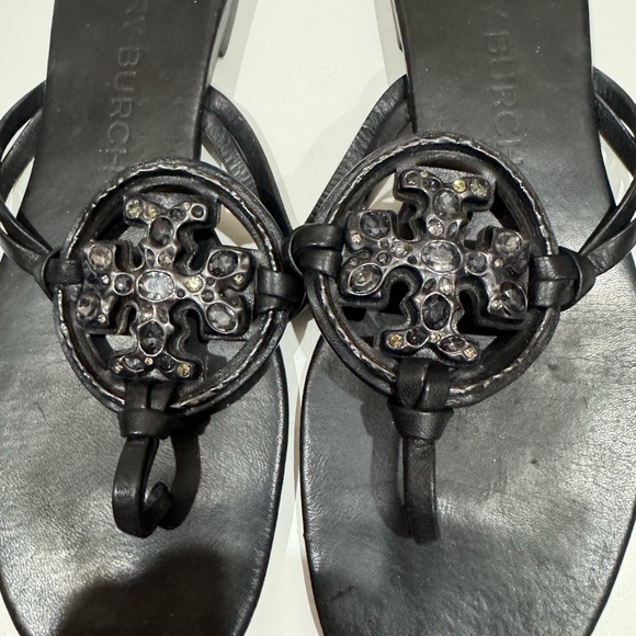 Tory Burch Miller Jeweled Crystal Leather Thong Sandals Black - Picture 1 of 10